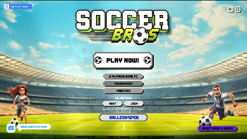 Screenshot of Soccer Bros available on the Drift Boss arcade hub catalog